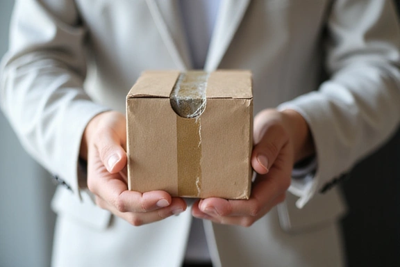 A hand holding a damaged product box, indicating a return policy